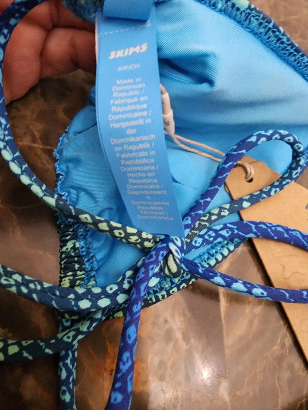 SKIMS NWT Signature Swim Triangle Top AND Thong SET Size SMALL Tide Blue & Snake